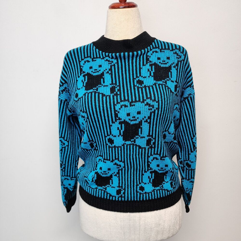 Vintage 80s Adele Knitwear Teddy Bear Sweater Size M Blue Allover Print Retro